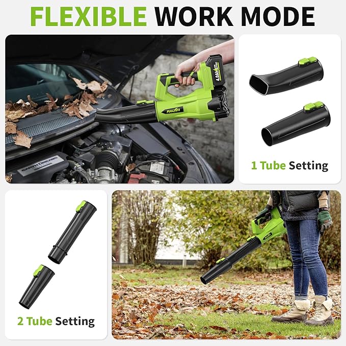 Leaf Blower Cordless 500CFM/150MPH Cordless Leaf Blower with 2 x 4.0Ah Batteries &amp 3 Tubes 6 Speed Modes Electric Leaf Blowers Battery Powered for Cleaning Patio Yard Garage Lawn (Green)