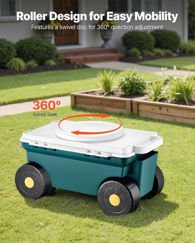 VEVOR Garden Scooter with Seat 2 in 1 Rolling Garden Cart with Storage Bin Supports up to 227 lbs Outdoor Wagon with Handle Lightweight Storage Gardening Stool for Yard Weeding Planting