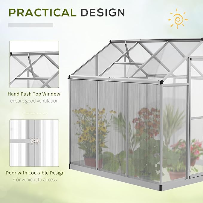 Outsunny 6' x 6' Greenhouse for Outdoors Polycarbonate Greenhouse with Rain Gutter and Roof Vent Aluminum Walk-in Green Houses for Outside Patio Backyard Garden