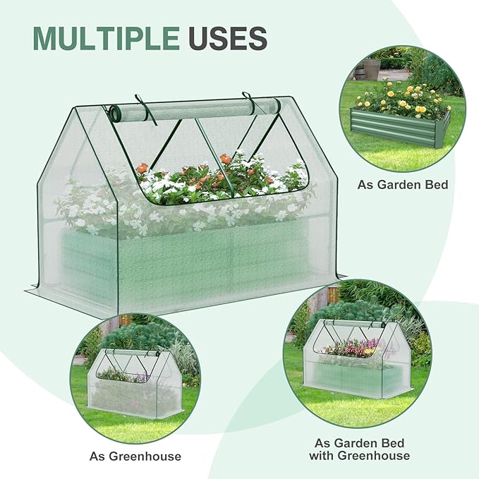 Aoodor Raised Garden Bed Kit 4x2x1 FT Galvanized Planter Box with PE Cover Screen Windows for Gardening White