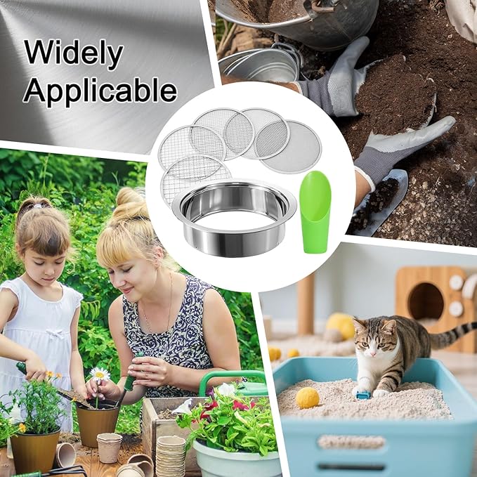 Soil Sieve Stainless Steel Riddle Sieve Set 9.5 Diameter Garden Sifter with 5 Filter Mesh Sizes 135912mm and Bonsai Soil Scoops Gardening Tool