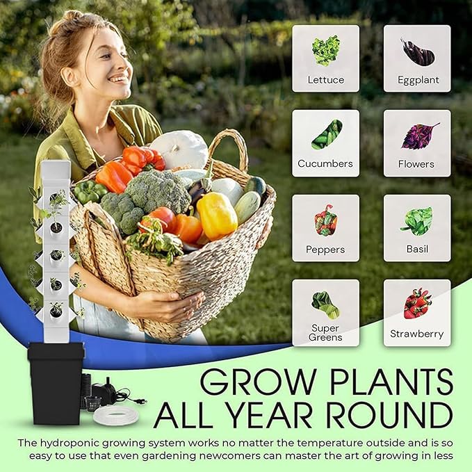 Hydroponics Growing System - Universal Wheels + Hydrating Pump 12/16/20/24 Pods Vertical Hydroponics Tower W/Timer Smart Garden Planter Germination Kit for HerbsVeget