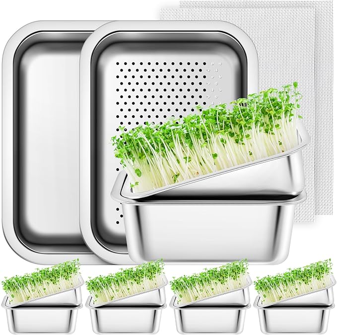 Vesici 4 Pack Sprouting Tray Kit Stainless Steel Soil Free Cultivation Germination Tray Wheatgrass Growing Container Seed Sprouting Container Kit for Indoors Plant Seed Beans Broccoli Arugula