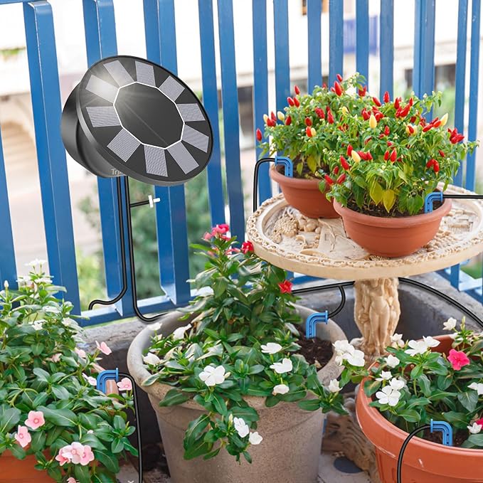 Solar Automatic Drip Irrigation System Kit DIY Irrigation System for Garden Outdoor/Indoor Gardening System Plant Watering System Drip Irrigation System 9 Timing Modes with Anti-Siphon Set