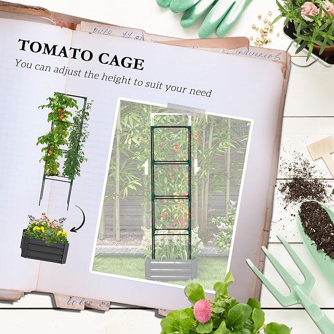 Galvanized Raised Garden Bed 24 x 24 x 11.75 Outdoor Planter Box with Trellis Tomato Cage and Open Bottom for Climbing Vines Vegetables Flowers in Backyard Garden Patio Gray