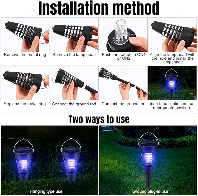 Qualirey 4 Pack Solar Bug Zapper &amp Mosquito Killer Outdoor Waterproof Cone-Shaped LED Light Mosquito Repellent for Patio Garden Yard Camping - Hanging/Insertion Design (White &amp Purple Light