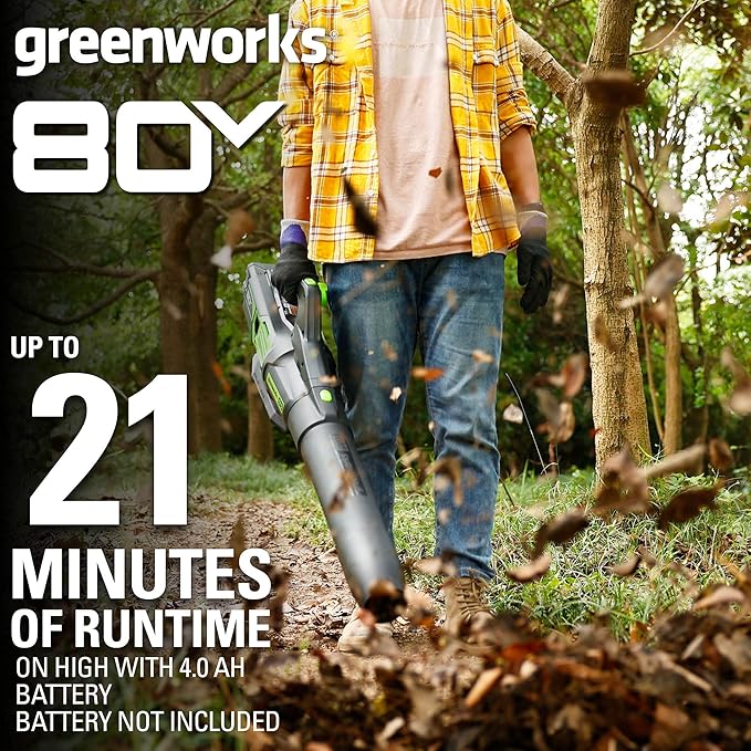 Greenworks 80V (730 CFM / 170 MPH) Cordless Brushless Axial Leaf Blower Everyday Yard Cleanup for Driveways &amp Patios Lightweight Battery and Charger not included
