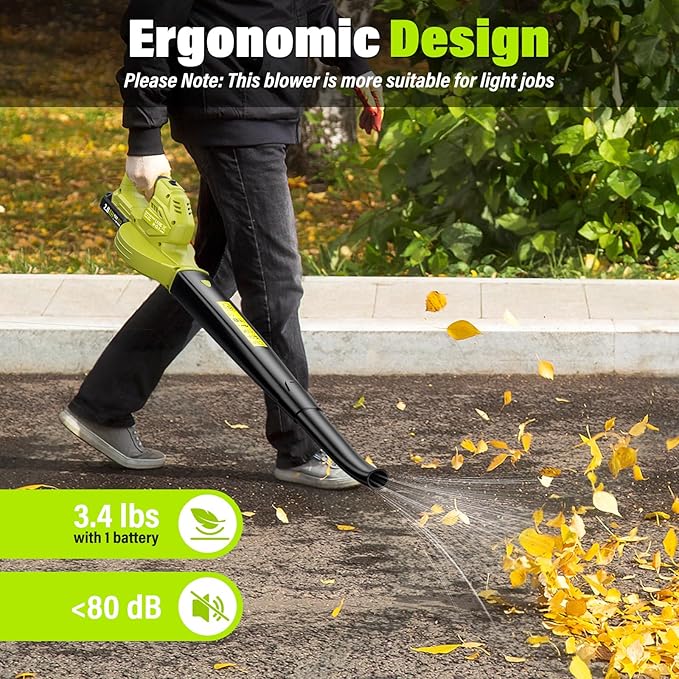 SEYVUM Leaf Blower 20V Cordless Blower with 2 x 2.0Ah Battery Electric Leaf Blowers for Lawn Care 350 CFM 150 MPH Battery Powered Leaf Blower for Patio Garden Cleaning Fast Charger Lemon Green