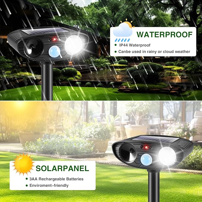 4Pack Ultrasonic Raccoon Repellent Outdoor Solar Animal Repellent with Motion Sensor&ampStrobe Light Cat Deterrent Outdoor Deer Repellent Device to Scare Skunk Squirrel Rabbit Repellent for Yard