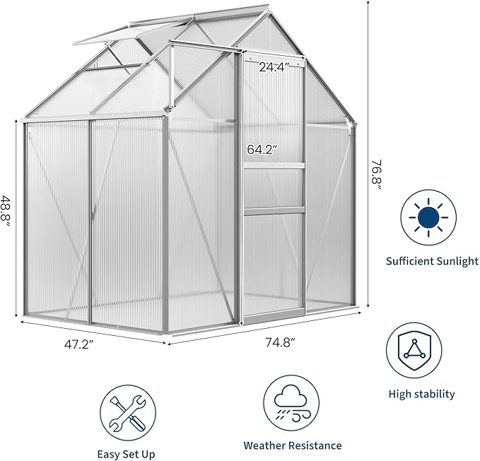 6x4FT Greenhouse for Outdoors Walk-in Polycarbonate Greenhouse with Sliding Door Adjustable Roof Vent &amp Gutter System Portable Outdoor Green House Kit for Winter Gardening