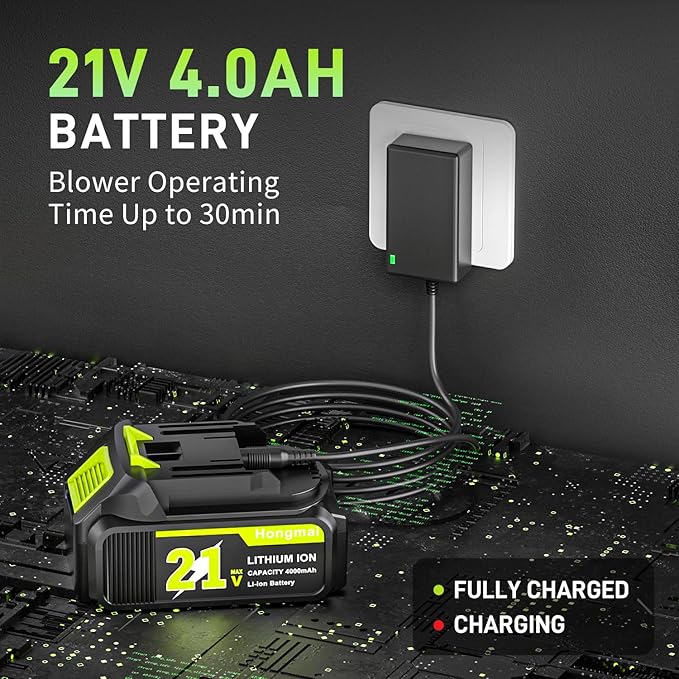 Leaf Blower Cordless 500 CFM 21V Electric Cordless Leaf Blower with 4.0Ah Battery and Charger Lightweight 6 Speed Modes for Lawn Care Patio Blowing Leaves and Dust (Green)