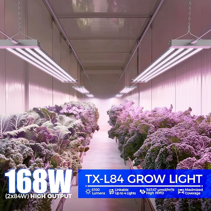 Barrina TX-L84 4FT Grow Light 168W (2 x 84W) 4 LED Panels Wider Coverage Full Spectrum High PPFD Linkable Hanging Fixture Plant Stand with Grow Light for Indoor Seeding Vegetable 2 Packs