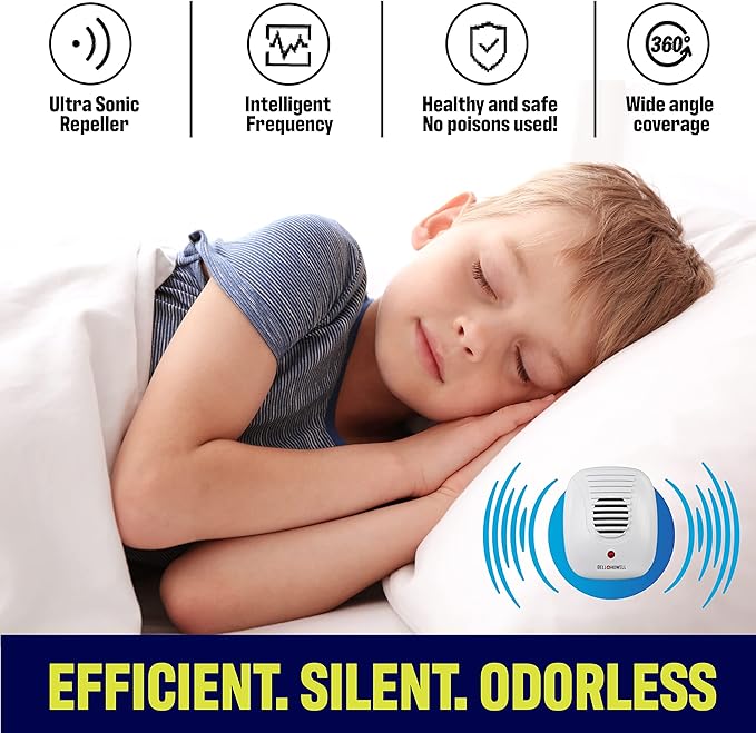 The Bell and Howell Ultrasonic Pest Repeller plug in device Complete Kit 6 Pack Effectively Aids to repel mice bugs Rats Rodents Mosquitos roaches Spiders and Ants Chemical odor and sound free
