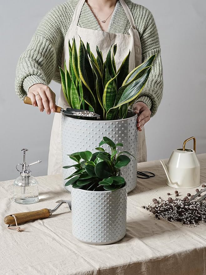 LE TAUCI Ceramic Pots for Plants 10/8/6 Inch Indoor Planters with Draiange Hole Silicone Plug &amp Mesh Pad Modern Rasied-Dots Pots for Home Office Set of 3 Glossy Star Gray