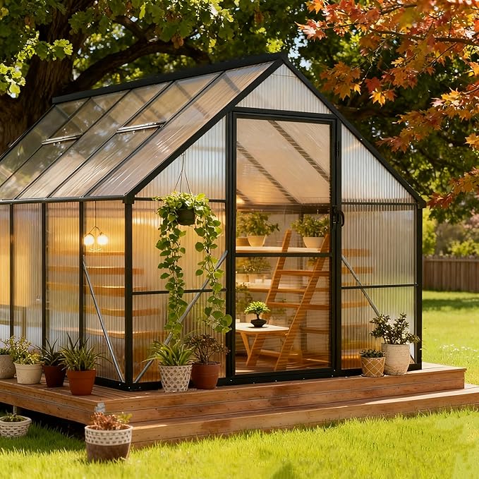 8x10 FT Outdoor Greenhouse for Winter Greenhouse Kit with Aluminum Frame Polycarbonate Panels Lockable Door Adjustable Roof Vent Heavy Duty Walk-in Design for Backyard Garden and Patio