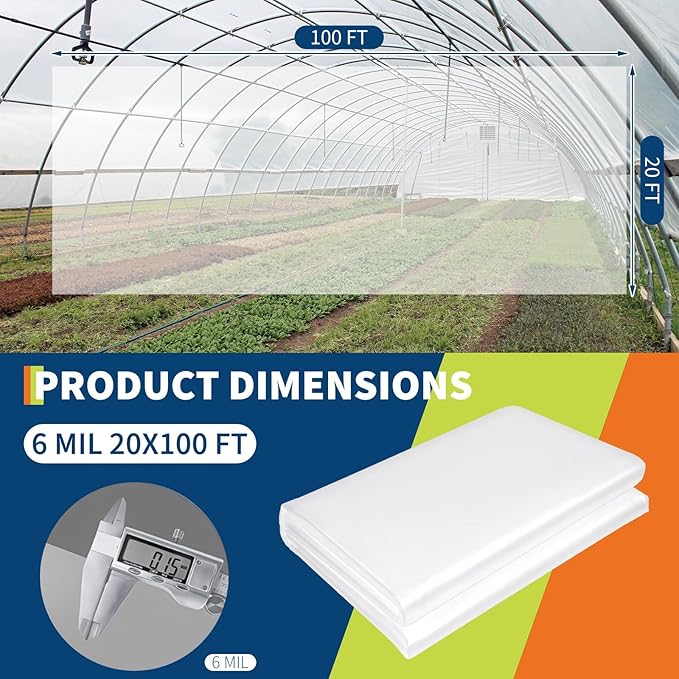 20X100FT Greenhouse Plastic Sheeting 6 Mil Thickness Transparent Greenhouse Film Waterproof Plastic Covering for Winter UV Resistant Clear Polyethylene Film for Farms Agriculture Garden