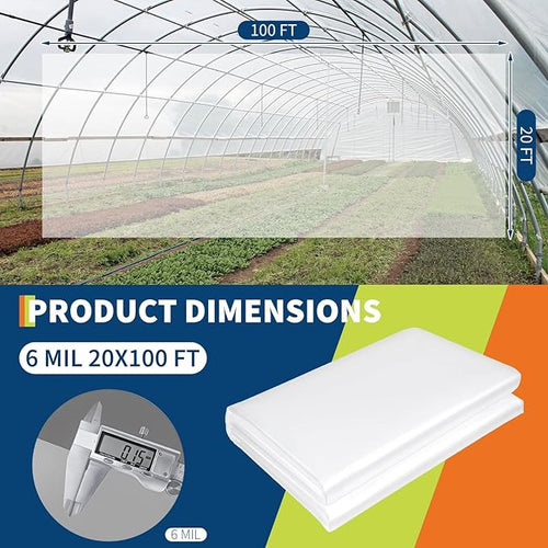 20X100FT Greenhouse Plastic Sheeting 6 Mil Thickness Transparent Greenhouse Film Waterproof Plastic Covering for Winter UV Resistant Clear Polyethylene Film for Farms Agriculture Garden