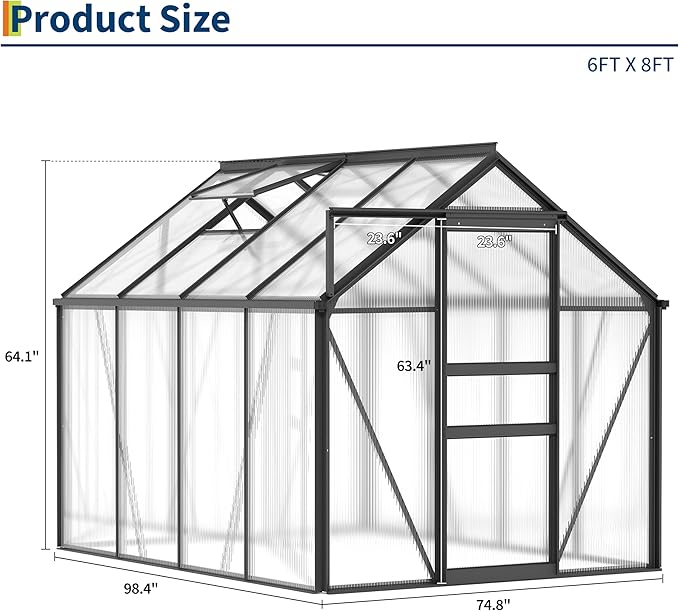 6X8FT Walk-in Polycarbonate Greenhouse Outdoor Weatherproof Greenhouse Kit with Adjustable Roof Vent Sliding Door &amp Gutter Drainage Portable Green House for Patio Backyard Winter Gardening