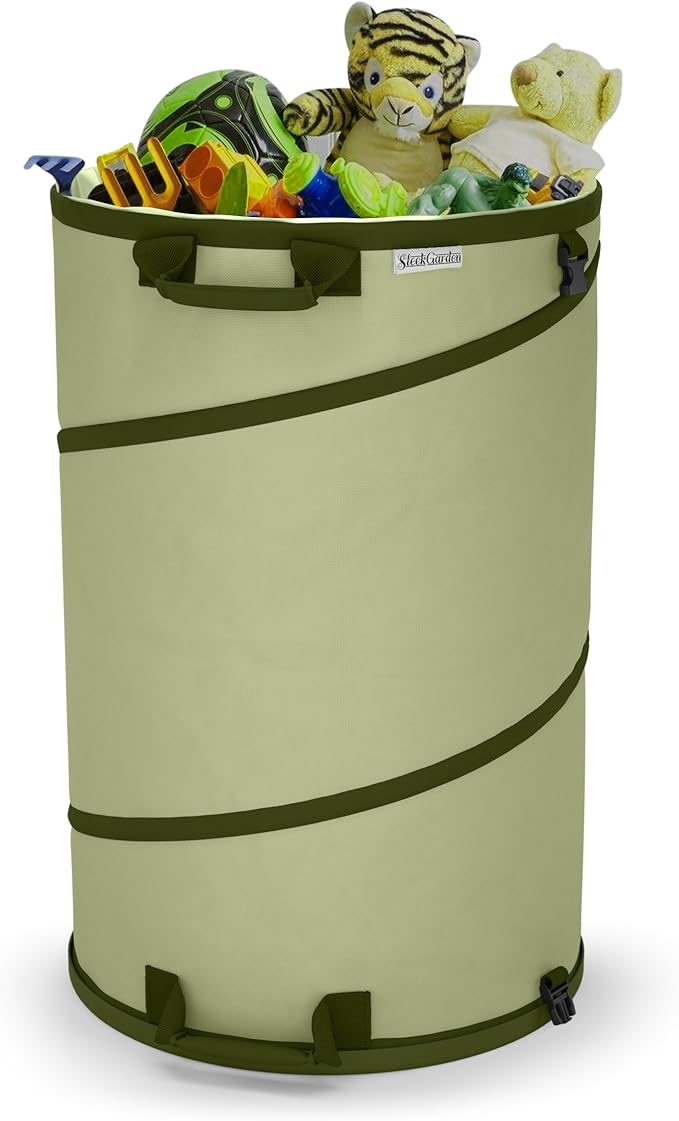 Collapsible -30 Gallon Canvas Garden Waste Bag -Pop-up Bucket Reusable Yard Leaf Bag Holder- Heavy Duty Hardshell Bottom – with Drain Holes for Lawn Pool Garden Camping Trash Debris Bag with Handles