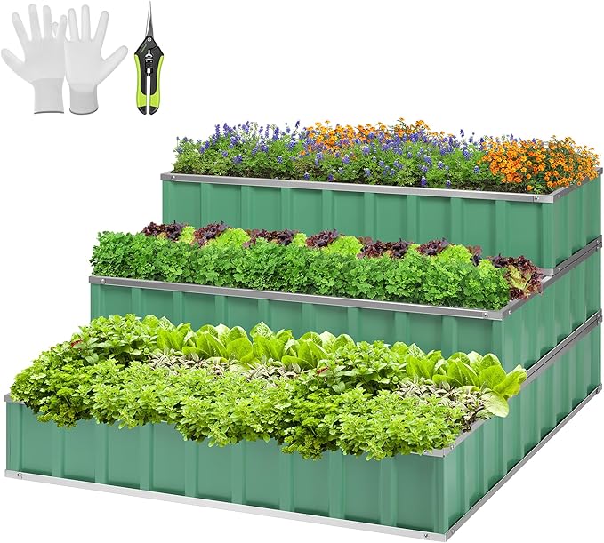 VIVOSUN 3-Tier Metal Raised Garden Bed 46 x 46 x 24 Galvanized Steel Metal Outdoor Planter Box with Gloves and Scissors to Grow Flowers Vegetables and Herbs for Outdoor Gardening Green