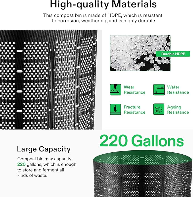 VIVOSUN 220 Gallon Outdoor Compost Bin Expandable Composter Easy to Setup &amp Large Capacity for Backyard Lawn (Black with Gloves) (Pack of 2)
