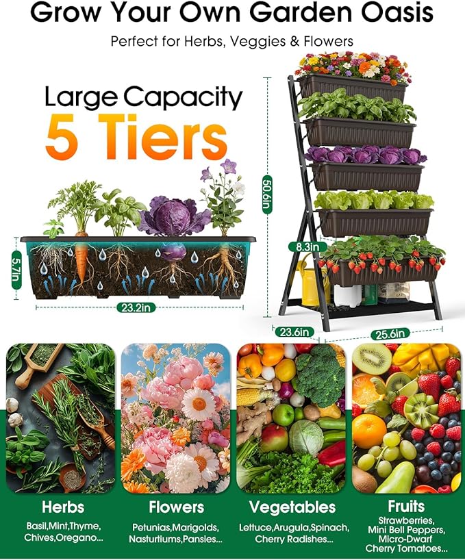 5-Tier Vertical Garden Bed Planter Boxes with Drainage System &amp Storage Space Freestanding Vertical Garden Planter with 5 S-Hooks for Plants Vegetables Flowers Herbs in Garden Patio Yard