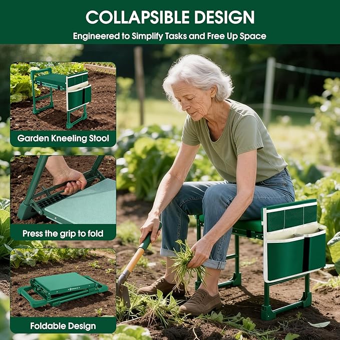Garden Kneeler and Seat for Seniors: Heavy Duty 420 LBS Support Anti-Tip Multifunctional Gardening Stool Bench with Widened Thick Soft Kneeling Pad &ampTool Bag - Foldable for Gardeners