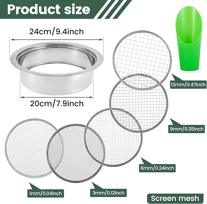 Soil Sifter Soil Sieve Sifter Set Stainless SteelGarden Sieve Set with 5 Interchangeable Mesh 1/3/6/9/12mm with Soil Scoops Gardening Tool Sifting Screen for Dirt Sand Rock Filtration Compost