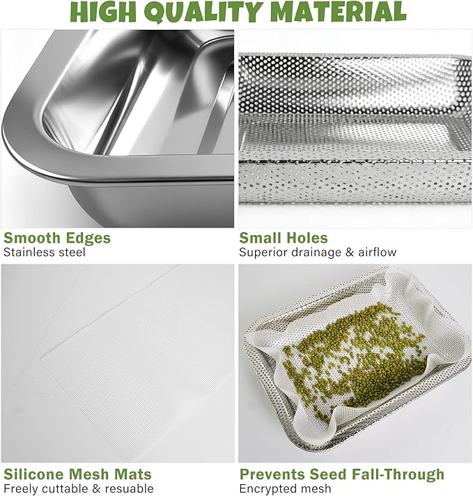 2 Pack Stainless Steel Seed Sprouter Trays 2-Tier Soil-Free Microgreens Growing Kit Sprouting Tray with Cover Lids &amp Mesh Pads for Sprouts Beans Alfalfa Wheatgrass