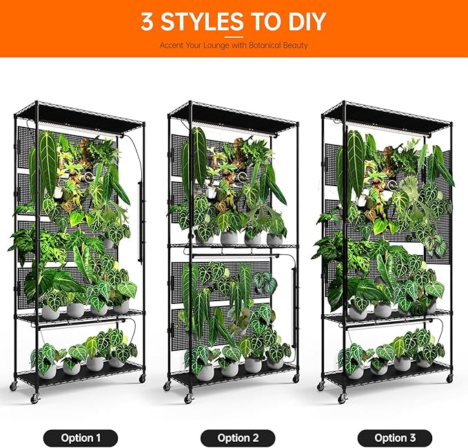 Bstrip Plant Cabinet with Pegboard 3 Tier Plant Shelf with Grow Light Metal Plant Stand with 4 Pack 96W Grow Lights for Indoor Plant Foliage Plants Seed Starting 35.4x13.8x71