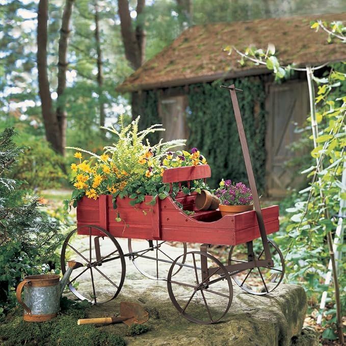 Collections Etc Amish Wagon Decorative Indoor/Outdoor Garden Backyard Planter Red