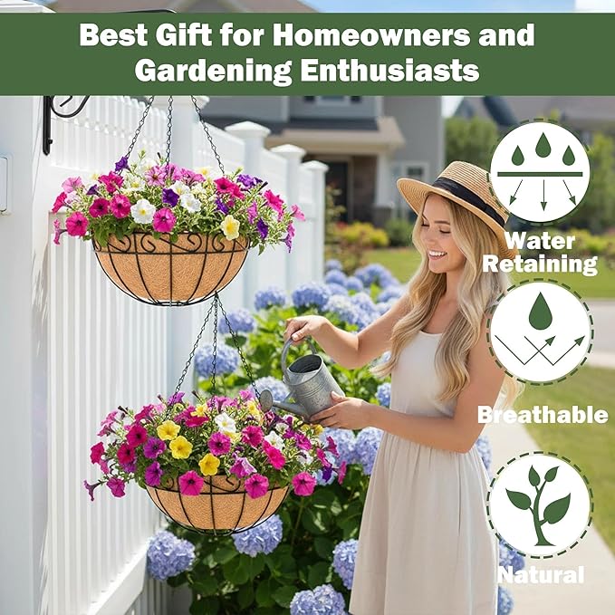 4 Pack 10 Inch Hanging Baskets for Plants Outdoor Metal Hanging Planter Basket with Coco Coir Liner Hanging Flower Baskets Hangings Flower Pots Holder for Garden Patio(Flower)
