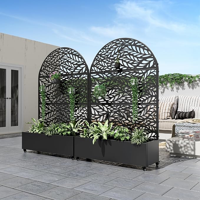Casaphoria Metal Raised Garden Bed with Trellis and Wheels 72x47x16 Arched Planter Box for Climbing Plants Vegetables &amp Vines Features Drainage Holes and Privacy Screen (Black-Spring)