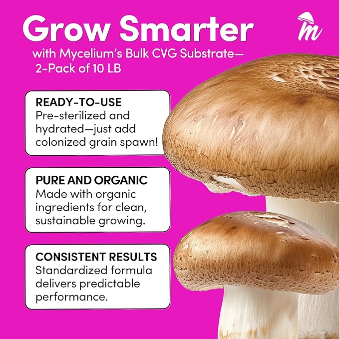 Mycelium CVG Substrate | 2-Pack (10 lbs Each) Pre-Sterilized Bulk Mushroom Substrate with Coco Coir Vermiculite &amp Gypsum | Ideal for Dung-Loving Mushrooms | Ready to Use Organic &amp High-Yield
