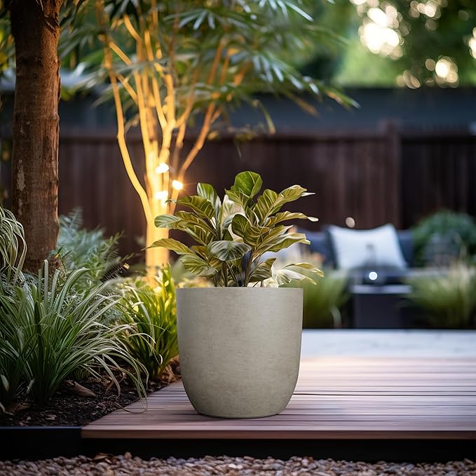Kante 13.4 Dia Round Concrete Planter Large Outdoor Modern Indoor Decorative Plant Pots with Drainage Hole and Rubber Plug for Home and Garden Weathered Concrete