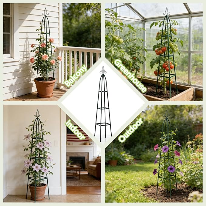 100% Metal Obelisk Trellis for Climbing Plants Outdoor - Heavy Duty Stone Coated Steel Garden Tower Trellis - Tall Sturdy Rustproof Vertical Plant Support for Climbing Vine Vegetables Flowers