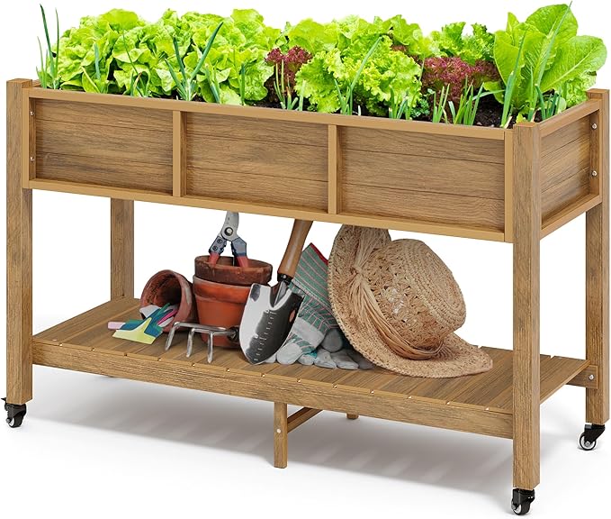 DWVO 47x18x31in Raised Garden Bed Outdoor HDPE with Legs and Lockable Wheels Weather-Resistant Poly-Wood Elevated Planter Box Double Tier Planters for Backyard Patio Balcony Brown