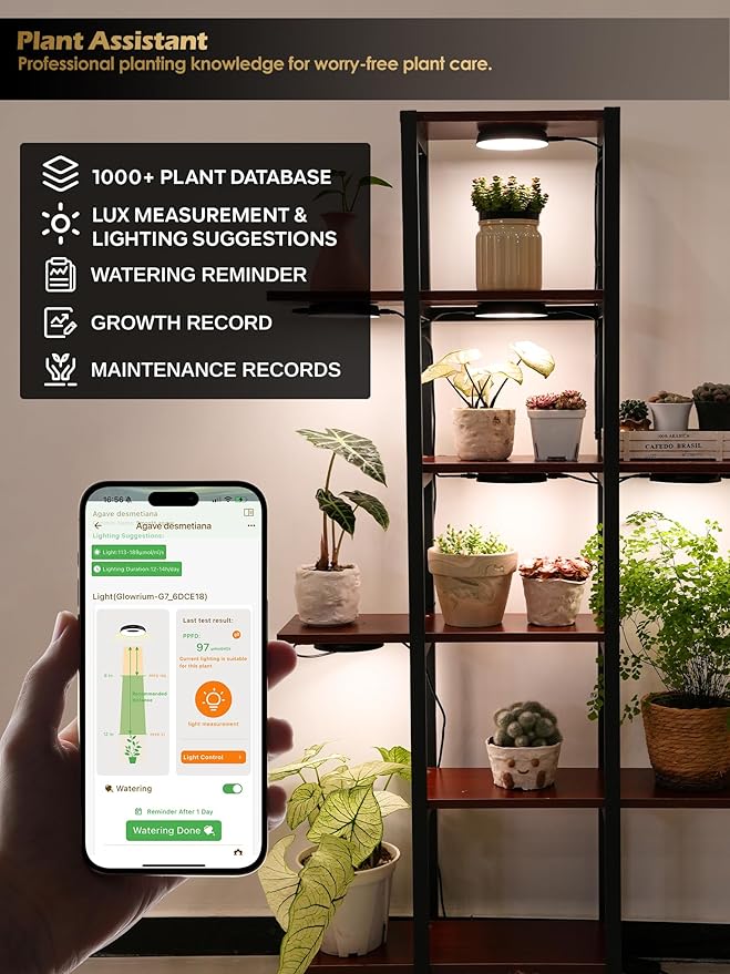 GLOWRIUM Grow Lights for Indoor Plants48W Smart Full Spectrum LED Grow Light Auto Timer and Stepless DimmingPlant Assistant with Watering ReminderModular Design (Black 6 PCS)