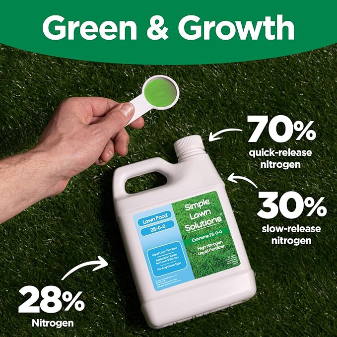 Maximum Green &amp Growth- High Nitrogen 28-0-0 NPK- Lawn Food Quality Liquid Fertilizer- Spring &amp Summer- Any Grass Type- Simple Lawn Solutions - Concentrated Quick &amp Slow Release Blend (1 Q