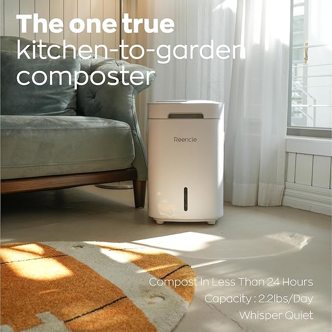 Reencle Prime Electric Composter - 14L Kitchen Composter Decomposes Up to 2.2 lbs Food Waste Daily Odorless Indoor Composting with Whisper-Quiet Technology &amp Rapid Decomposition (White)