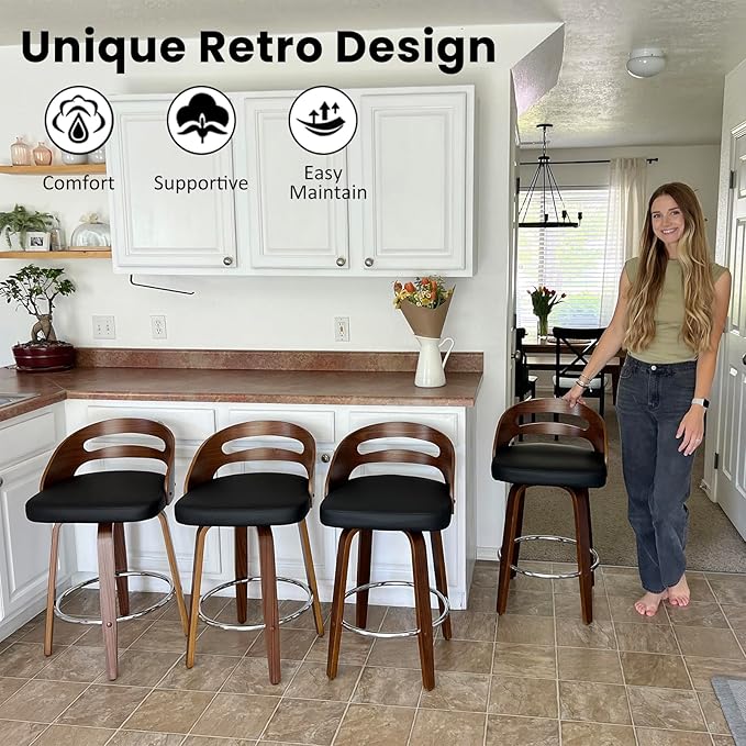 Counter Stools Set of 4 Counter Height Bar Stools with Walnut Crafts Bentwood Curved Back Upholstered Faux Leather Soft Cushion Seat Swivel Counter Chairs for Island/Pub (Black 26 Seat Height)