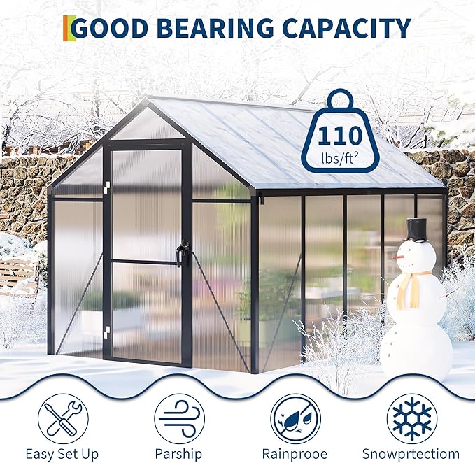 6 x 10 FT Greenhouse Outdoor Greenhouses Polycarbonate Panels with Aluminum Frame Adjustable Roof Vent and Lockable Door Green Houses for Outside Backyard Garden Patio