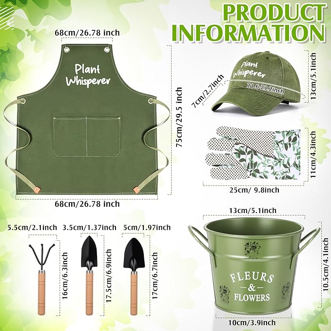 Tarpop Garden Tool Set Christmas Plant Whisperer Gardening Gifts for Women 7 Pcs Vegetable Planting Tool Kit Cap Canvas Apron Gloves Soil Scoop Transplant Trowel Cultivator Flower Tub(Green)