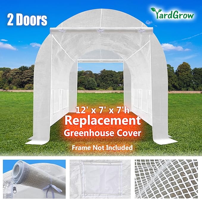 YardGrow 2-Doors Replacement Greenhouse Cover for Larger Walk in Outdoor Yard Plant Gardening Hot House Cover ONLY (12'x7'x7' White)
