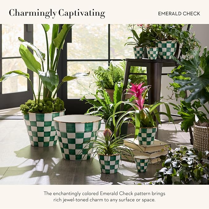 MACKENZIE-CHILDS Enamel Garden Pot Decorative Pot for Plants Outdoor Flowerpot Decor Extra Large Green-and-White Emerald Check