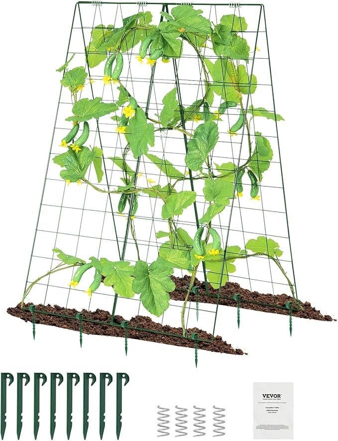 VEVOR Cucumber Trellis for Climbing Plants46 H x 32 W Foldable Cucumber Trellis Set with Plant Clips Metal Garden Trellis for Raised Bed Outdoor Plant Grow Support for Tomato Vegetable(2 Pack)