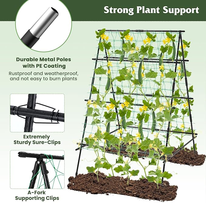 Giantex Cucumber Trellis Trellis for Climbing Plants Outdoor Garden Trellis w/Netting PE-Coated Metal Clips Plant Support for Flower Vine Grape Vegetable Fruit 41x51x59