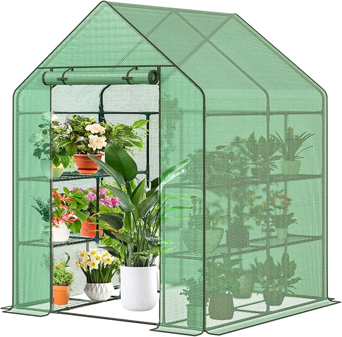 Greenhouse 56 x 56 x 76'' Heavy Duty Greenhouses for Outdoors Green House with Roll-Up Door Thicken PE Cover Portable Walk-in Green Houses for Outside with 3 Tier 8 Shelves