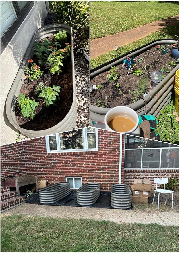 A ANLEOLIFE 2 Pcs 6X2X1.5 ft Oval Round Galvanized Raised Garden Beds Outdoor for Planting Vegetables Flowers Herb Quartz Grey
