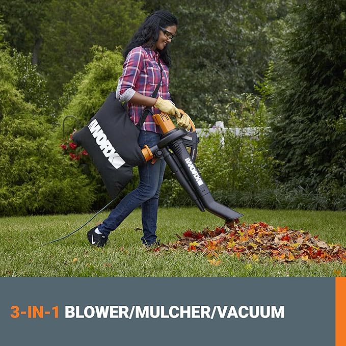 WORX Trivac 3 in 1 Electric Leaf Blower for Lawn Care Leaf Vacuum with 350 CFM &amp 210 MPH Leaf Mulcher with Metal Impeller Reusable Bag Included WG505.2
